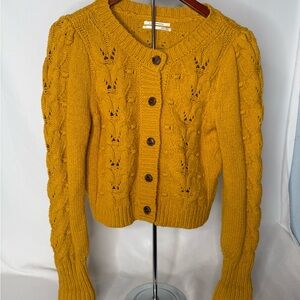 Anthropologie Maeve Cable Knit Puff Sleeve Mustard Colored Cardigan